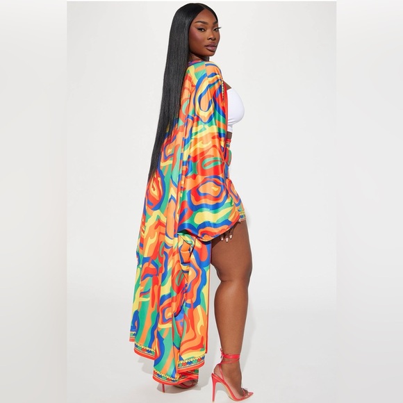 Vibrant Multicolor Satin Kimono Set - Picture 3 of 5